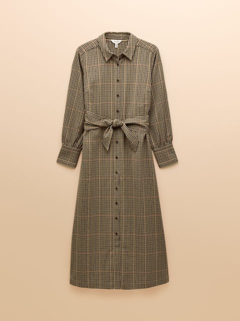 joules Clarice Brown Check Knot Waist Midi Dress with Button Fastening and Collar