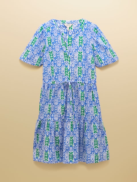 joules Cotton Dress Green/Blue Tie Waist and Notch Neck