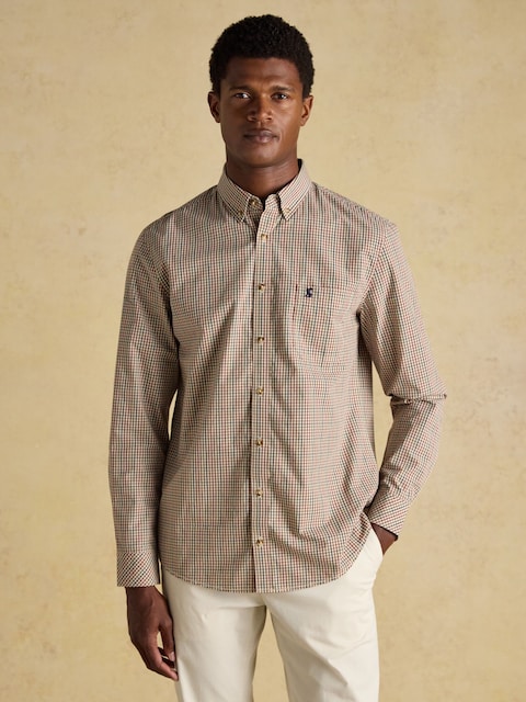 Joules Cotton Poplin Brown Long Sleeve Gingham Shirt