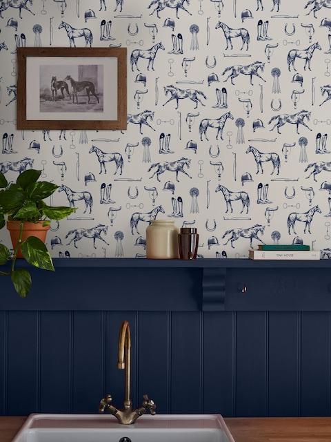 Joules Cream/Blue Sketched Equestrian Print 10M Wallpaper