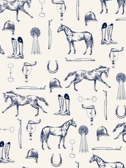 Joules Cream/Blue Sketched Equestrian Print 10M Wallpaper