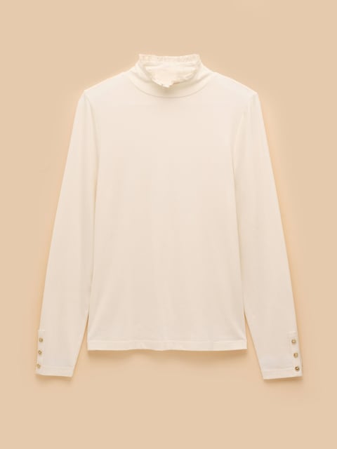 joules Cream Long Sleeve High Frill Neck Jersey Top
