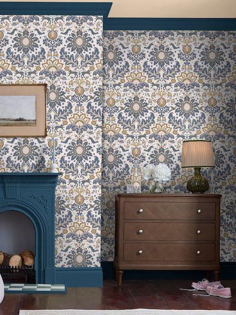 Joules CreamBlueGold Animal Damask Print 10M Wallpaper