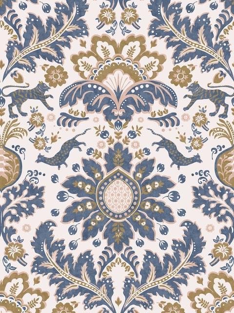 Joules CreamBlueGold Animal Damask Print 10M Wallpaper