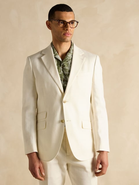 Joules Ecru White Linen Herringbone Slim Fit Suit Jacket