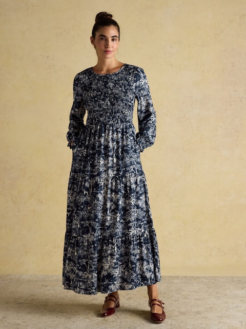 Joules Edna Navy Shirred Long Sleeve Midi Printed Round Neck Dress