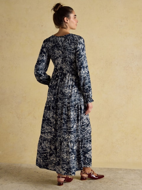 Joules Edna Navy Shirred Long Sleeve Midi Printed Round Neck Dress
