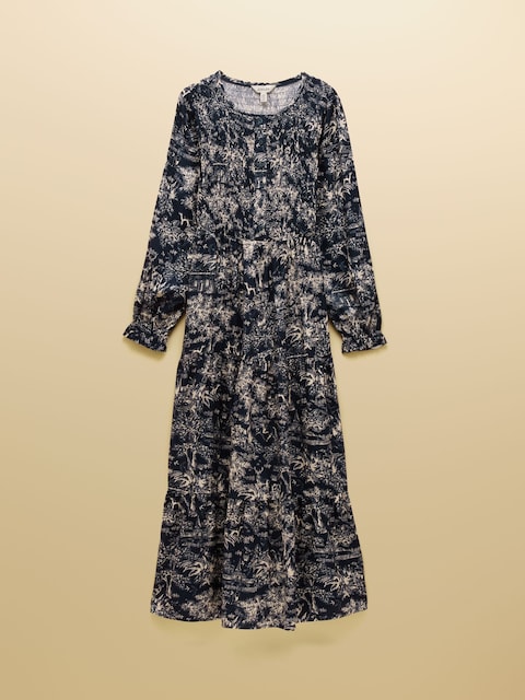 joules Edna Navy Shirred Long Sleeve Midi Printed Round Neck Dress