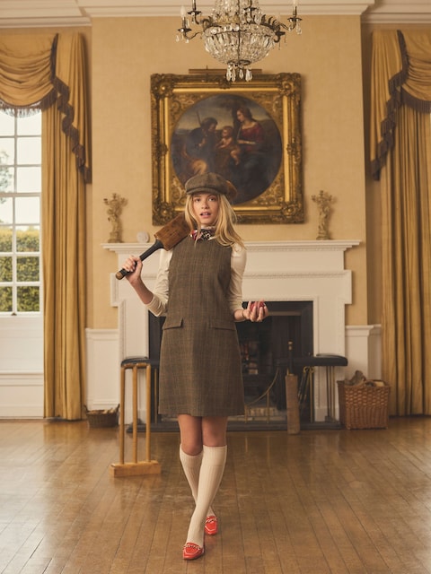 Joules Edwina Brown Check Shift Tweed Wool Blend Sleeve Dress With Round Neck