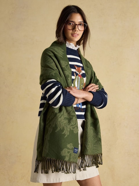 Joules Elissa Khaki Green Double-Sided Jacquard Patterned Scarf