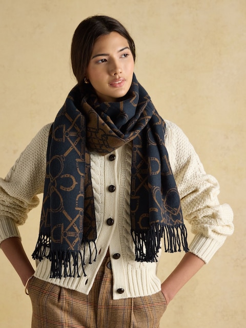 Joules Elissa Navy/Tan Double-Sided Jacquard Patterned Scarf