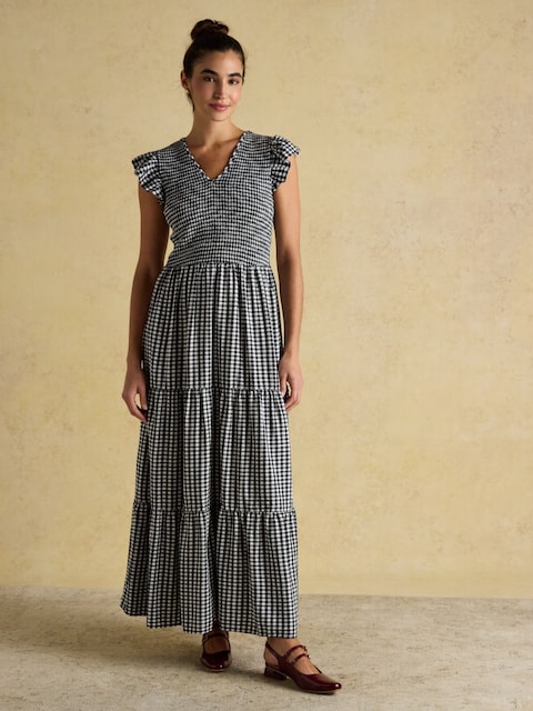 Joules Esme Black Gingham Shirred Midi Dress With V-Neck And Frill Sleeves