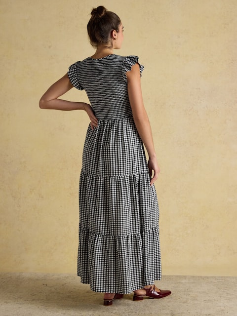 Joules Esme Black Gingham Shirred Midi Dress With V-Neck And Frill Sleeves