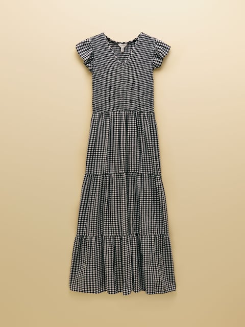 joules Esme Black Gingham Shirred Midi Dress with V-Neck and Frill Sleeves