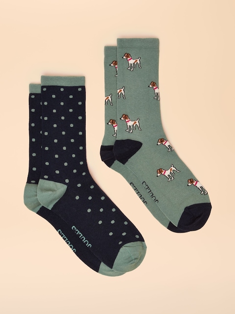 Joules Everyday Green/Blue 2 Pack Cotton Blend Socks