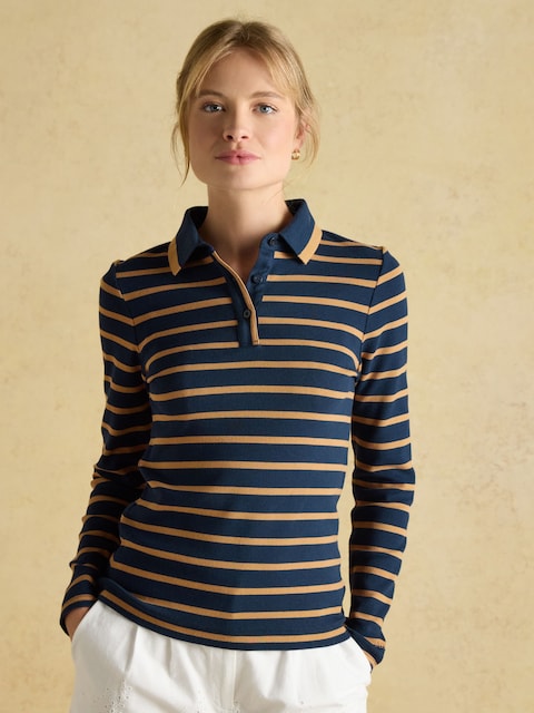 Joules Fairfield Navy Blue & Brown Stripe Ribbed Long Sleeve Polo Shirt