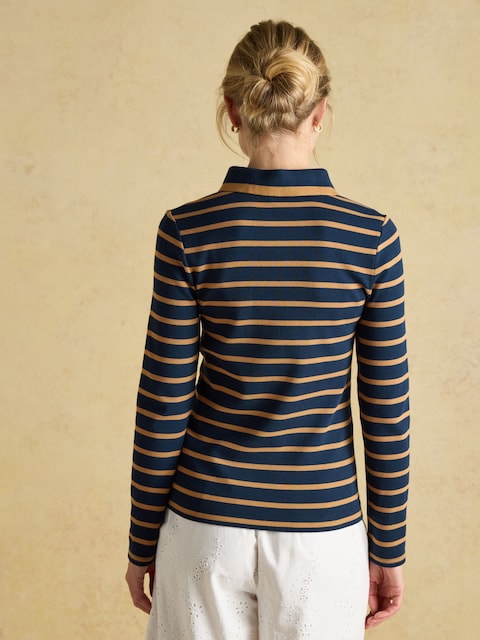 Joules Fairfield Navy Blue & Brown Stripe Ribbed Long Sleeve Polo Shirt