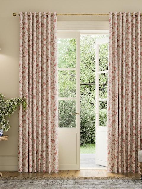 Joules Festival Pheasants Set Of 2 Cream & Pink Blackout Eyelet Curtains