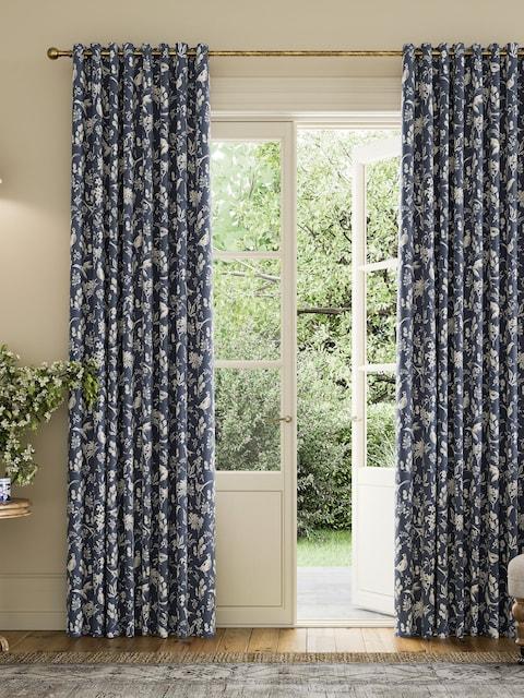 Joules Festival Pheasants Set Of 2 Navy Blue Blackout Eyelet Curtains