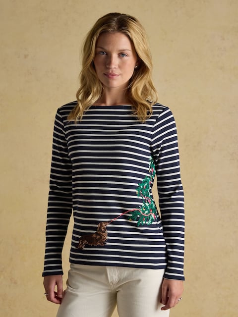 Joules Festive Harbour Dog Navy/Cream Boat Neck Breton Top