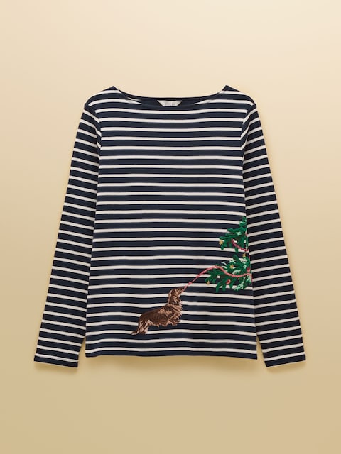joules Festive Harbour Dog Navy/Cream Boat Neck Breton Top