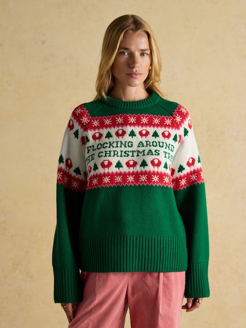 Joules Flocking Around Green Fairisle Christmas Jumper