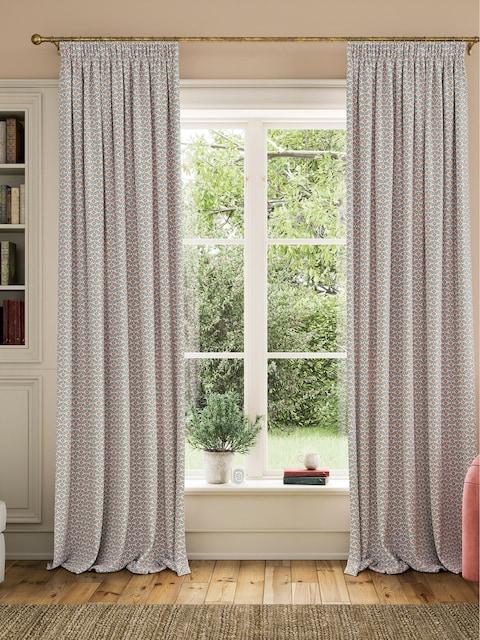 Joules Floral Foulard Set Of 2 Blue & Cream Pencil Pleat Curtains