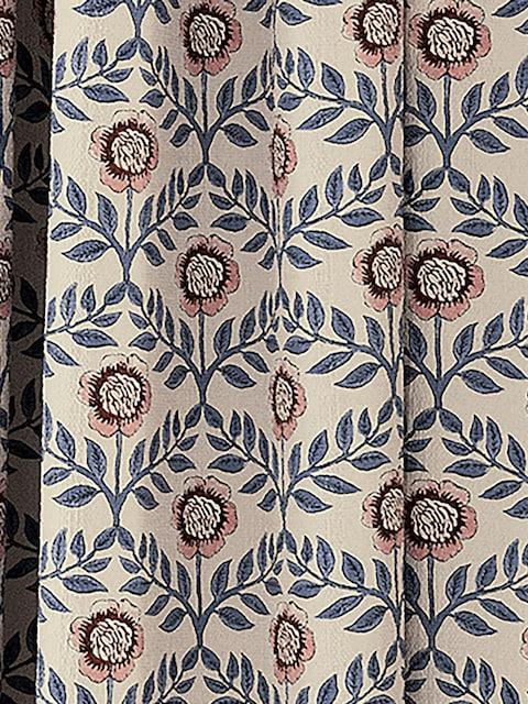 joules Floral Foulard Set of 2 Blue & Cream Pencil Pleat Curtains