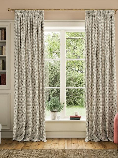 Joules Floral Foulard Set Of 2 Green & Cream Pencil Pleat Curtains