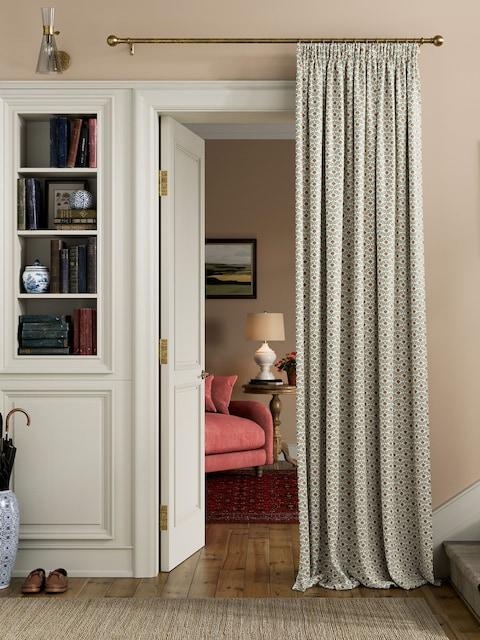 Joules Floral Foulard Set Of 2 Green & Cream Pencil Pleat Curtains