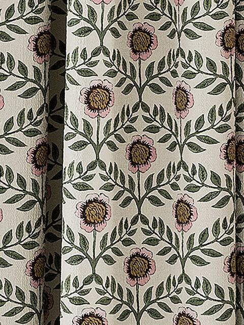 joules Floral Foulard Set of 2 Green & Cream Pencil Pleat Curtains