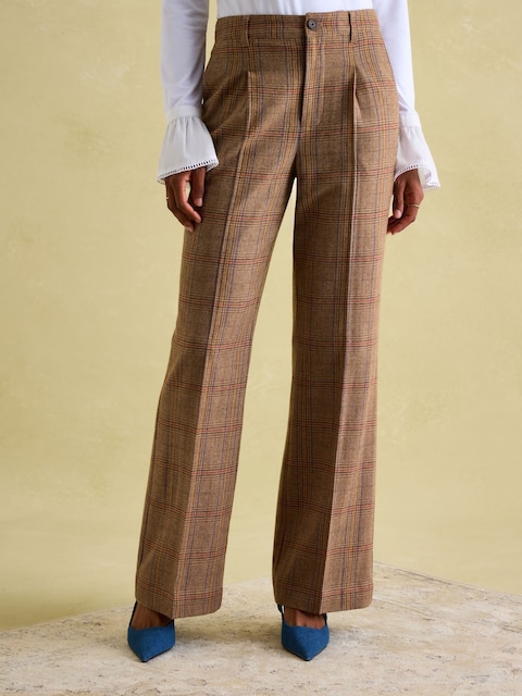 Joules Foxley Brown Check Wool Rich Wide Leg Tweed Trousers