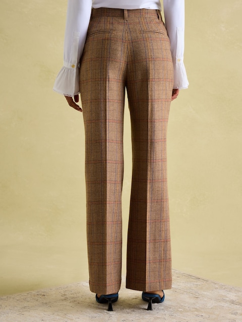 Joules Foxley Brown Check Wool Rich Wide Leg Tweed Trousers