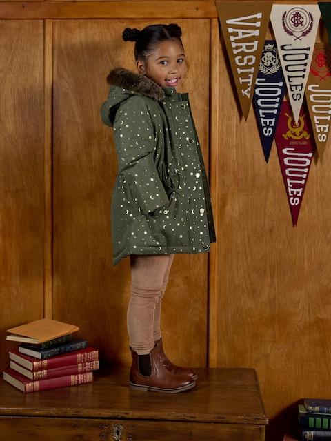 Joules Girls' Alix Khaki Green Waterproof Parka Coat
