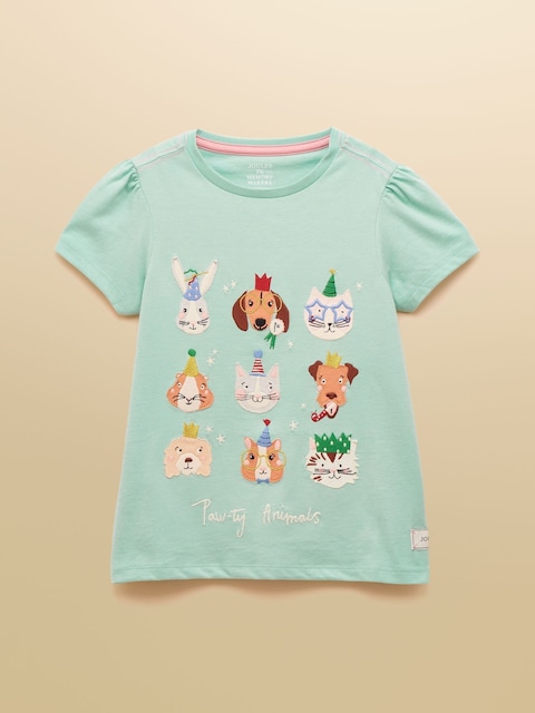 Joules Girls' Astra Aqua Blue Applique Cotton T-Shirt