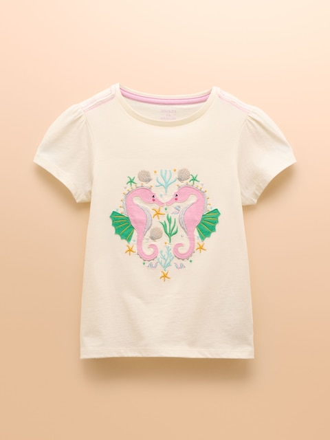 Joules Girls' Astra Cream Seahorse Applique Cotton T-Shirt