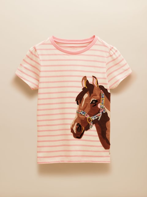 Joules Girls' Astra Pink Stripe Horse Applique Cotton T-Shirt
