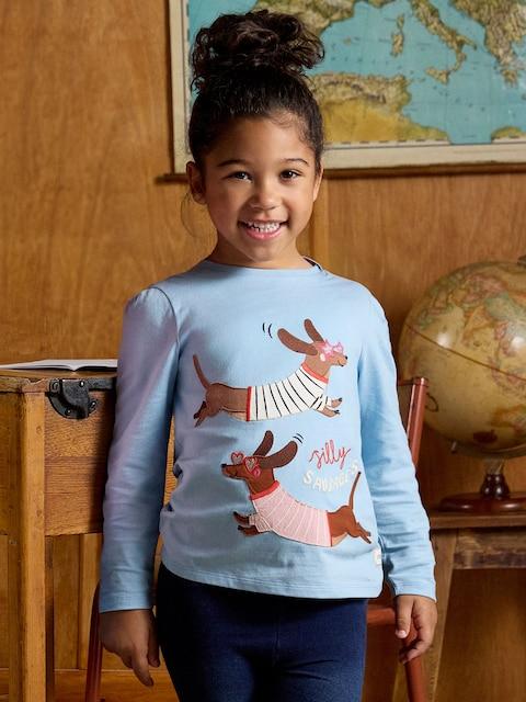 Joules Girls' Ava Blue Sausage Dog Applique Long Sleeve Top