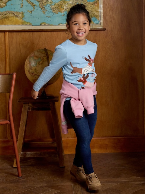 Joules Girls' Ava Blue Sausage Dog Applique Long Sleeve Top