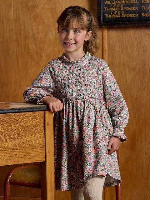 Joules Girls' Gracie Multi Ditsy Shirred Long Sleeved Printed Jersey Dress