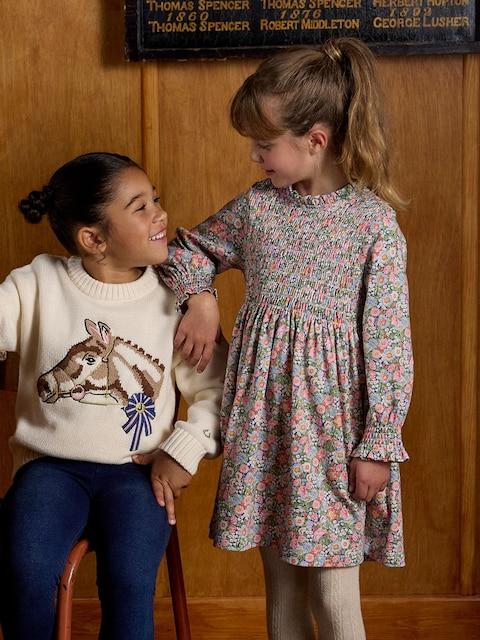 Joules Girls' Gracie Multi Ditsy Shirred Long Sleeved Printed Jersey Dress