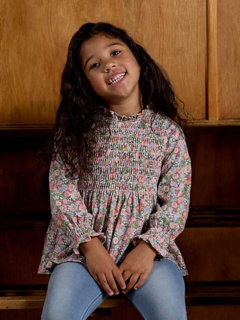 Joules Girls' Gracie Pink Ditsy Long Sleeve Shirred Top