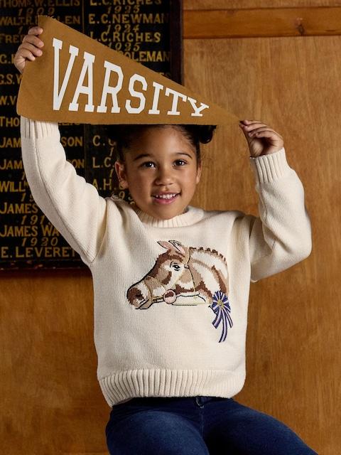 Joules Girls' Hattie Cream Horse Intarsia Horse Jumper