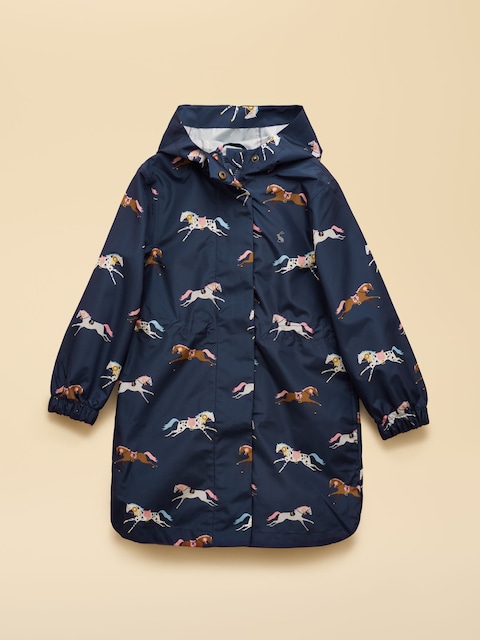 Joules Girls' Rainford Navy Horse Waterproof Packable Raincoat