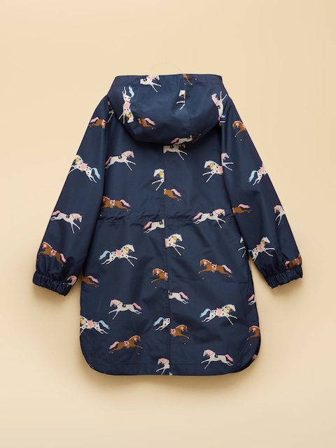 Joules Girls' Rainford Navy Horse Waterproof Packable Raincoat