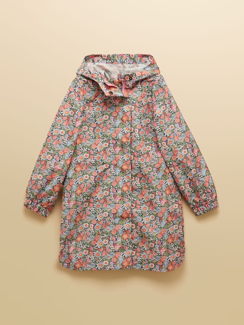 Joules Girls' Rainford Pink Ditsy Waterproof Packable Raincoat