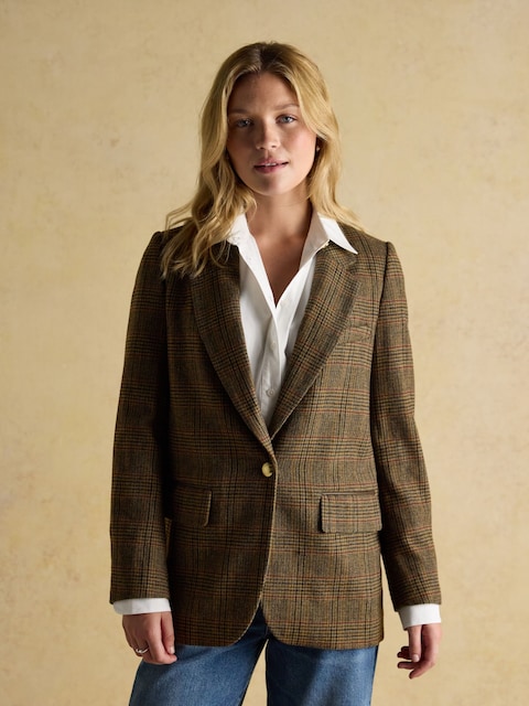 Joules Hackmore Brown Check Relaxed Fit Tweed Blazer With Wool