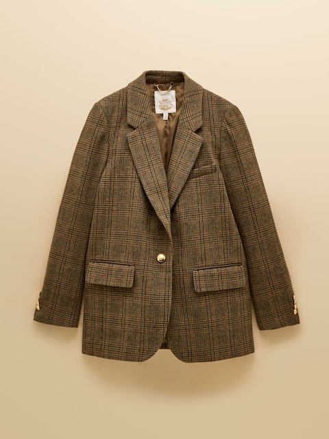 Joules Hackmore Brown Check Relaxed Fit Tweed Blazer With Wool