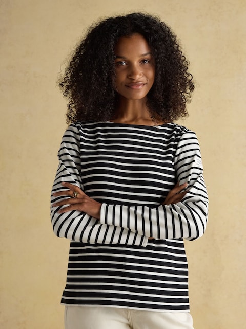 Joules Harbour Black/Cream Boat Neck Long Sleeve Breton Stripe Top