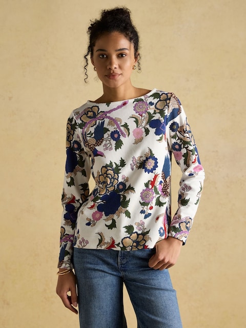 Joules Harbour Cream Bird Floral Boat Neck Printed Top